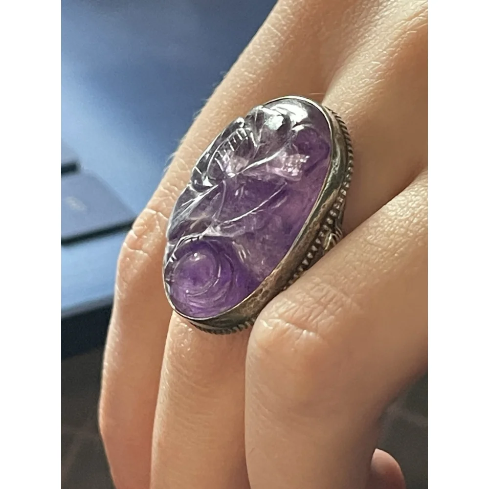 Vintage Hand Carved Amethyst Art Nouveau Silver Flower Ring Sterling 4.5